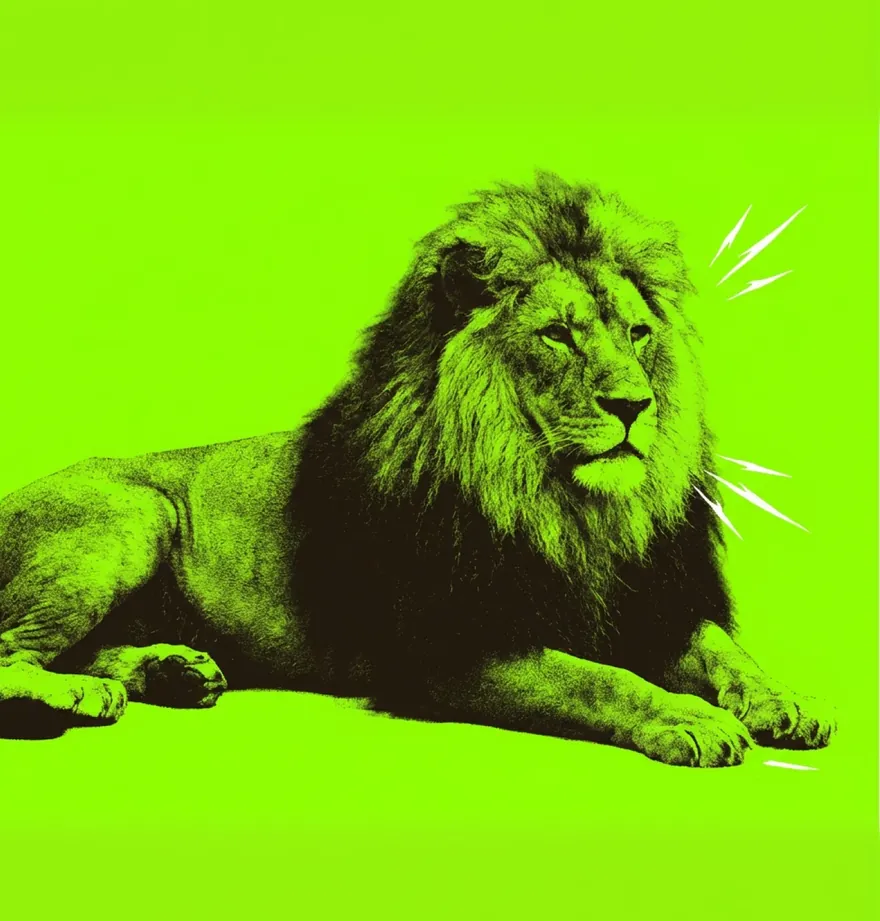 Ilustração da marca do Prof. Jota: um leão em meio-tom sobre fundo verde neon.