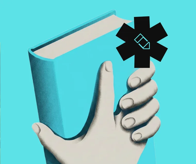 Uma mão segurando um livro, com o asterisco da marca ao lado.